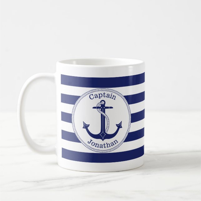 Personlig för kaptenen Nautical Anchor Navy Blue K Kaffemugg (Vänster)