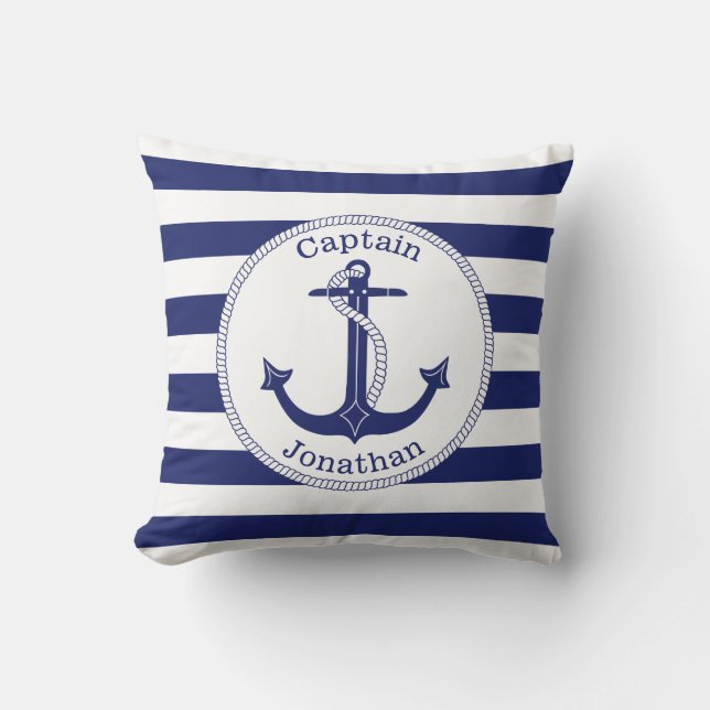 Personlig för kaptenen Nautical Anchor Navy Blue K Kudde (Framsida)