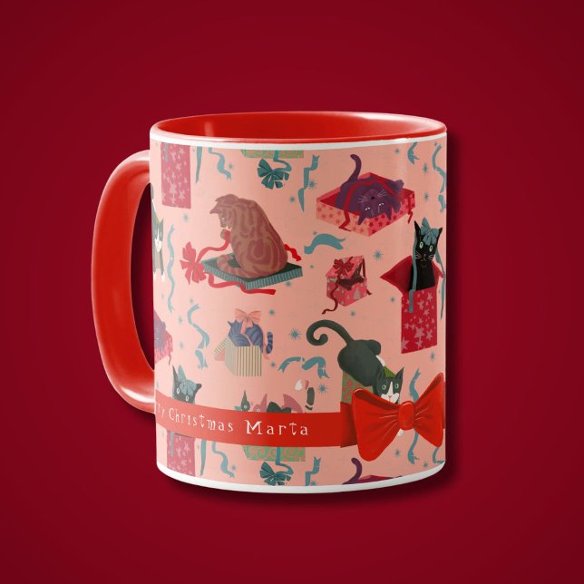 Personlig för konstiga katter i julboxar mugg (Cats play in Christmas boxes in this cute personalized holiday mug. Comes with or without a photo )