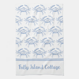 Personlig för kust-Preppy Blue and White Crab Kökshandduk