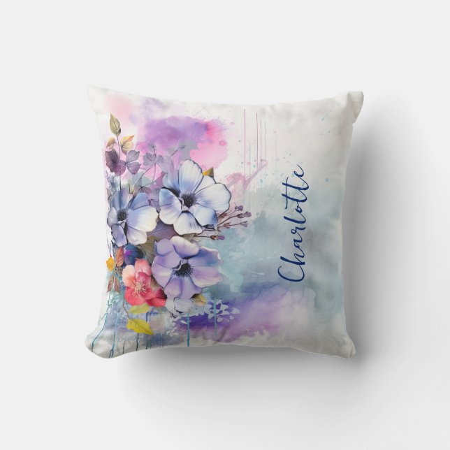 Personlig för Lila av vattenfärgsBlommigt Kudde (Framsida)