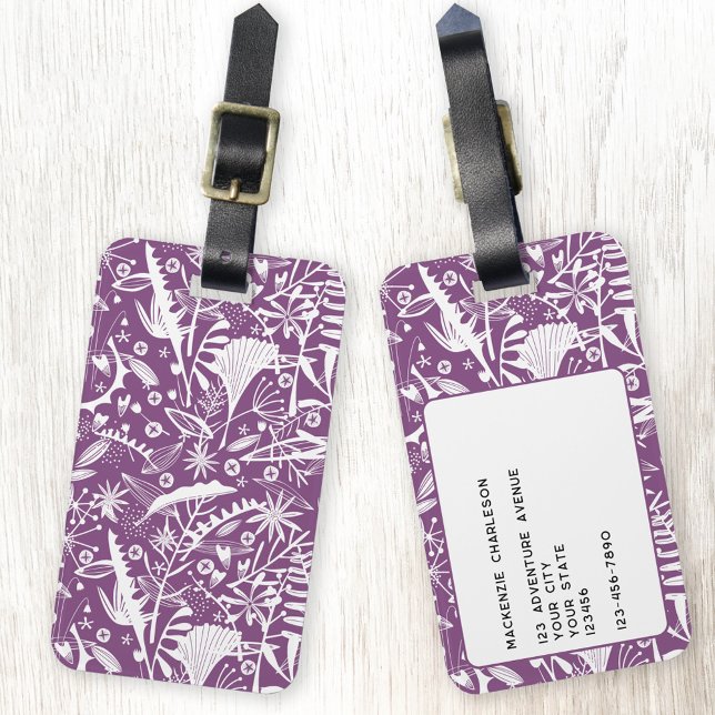 Personlig för Lila av Wildblommor Bagagebricka (Botanical purple and white pattern personalized luggage tag for plant lovers)