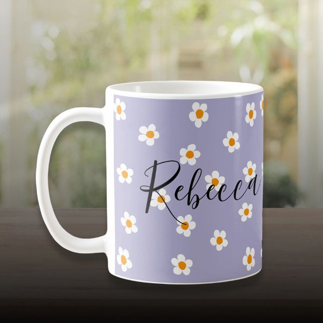 Personlig för Lila i Cute Modern Daisy Mönster Kaffemugg (Cute Modern Daisy Pattern Purple Personalized Coffee Mug)