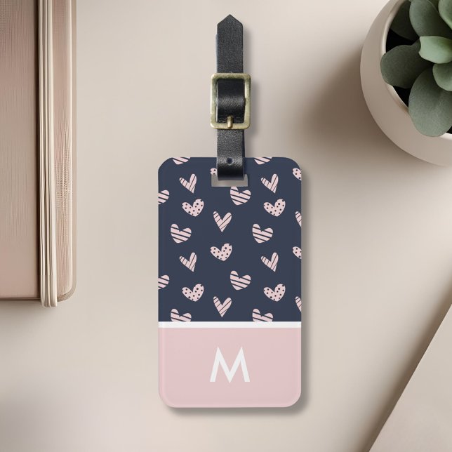 Personlig för marinens Rosa Hearts Initial Bagagebricka (Skapare uppladdad)