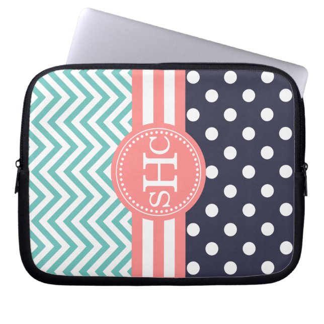 Personlig för mint-, marin- & korallsparrepolka laptop sleeve (Framsidan)