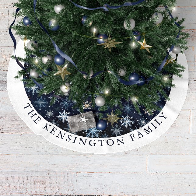 Personlig för modern blå snöflingor i århundradet julgransmatta borstad polyester (Mid-century Modern Blue Snowflake Personalized Brushed Polyester Tree Skirt)
