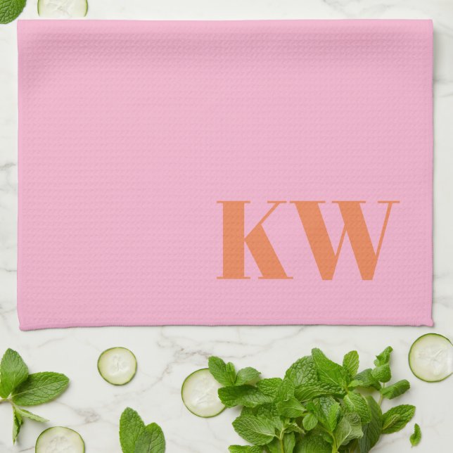 Personlig för Modern Rosa Orange Monogram Initiale Kökshandduk (Vikta)