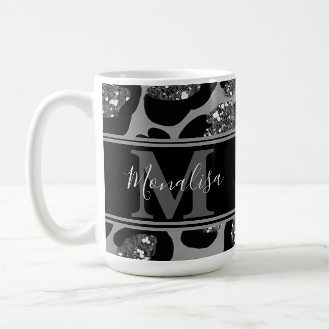 personlig för monogram av silver och svartglitter kaffemugg (Vänster)
