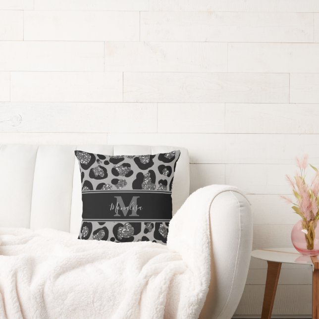 personlig för monogram av silver och svartglitter kudde (Soffa)