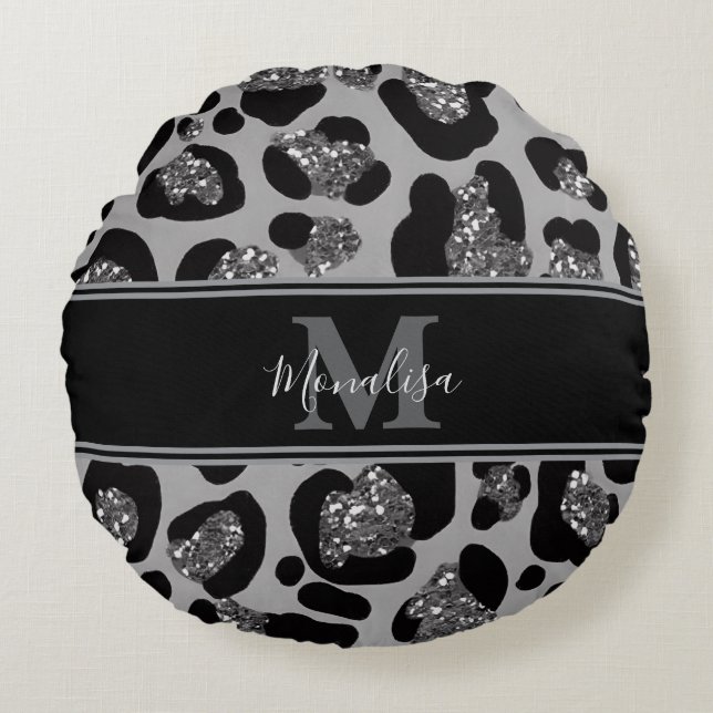personlig för monogram av silver och svartglitter rund kudde (Framsidan)