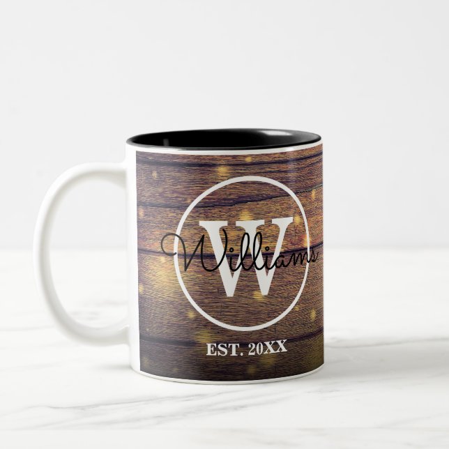 Personlig för Monogram Rustic Wood Elegant  Två-Tonad Mugg (Vänster)