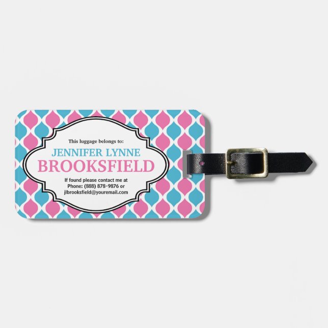 Personlig för mönster för rosa- och blåttmod Retro Bagagebricka (Horisontell Framsida)