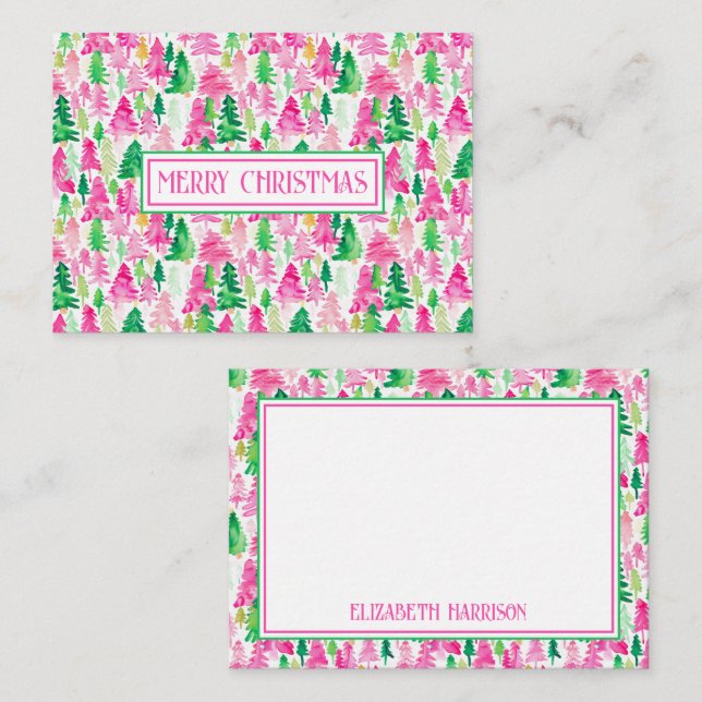 Personlig för Preppy Rosa och Grönt Julgranar Anteckningskort (Fram/baksida)