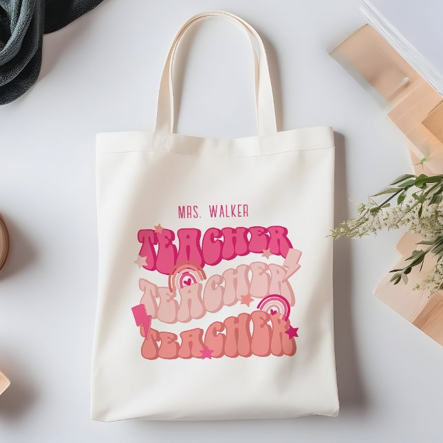 Personlig för rosa Retro Teacher-bedömning Tygkasse (Skapare uppladdad)