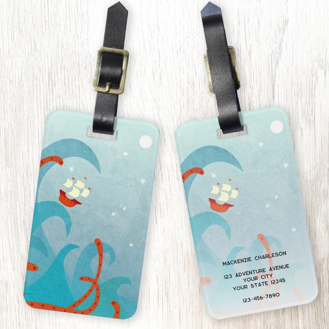 Personlig för sjömansmonster, Roligt Bagagebricka (Fun sailing boat ship nautical adventure personalized luggage tag for sailors and voyagers)