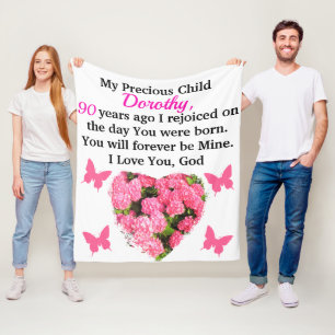 PERSONLIG för söt ROSA BLOMMIGT  90:E BIRTHDAY Fleecefilt