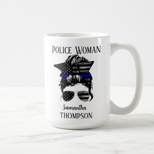 Personlig för Thin Blue Line Police Woman Kaffemugg (Höger)