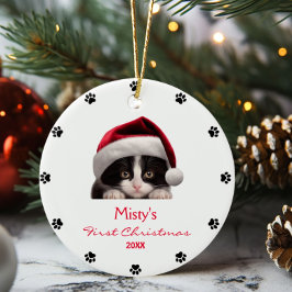 Personlig för utskrift av Cute Tuxedo Cat Santa Ha Julgransprydnad Keramik