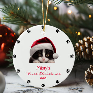 Personlig för utskrift av Cute Tuxedo Cat Santa Ha Julgransprydnad Keramik