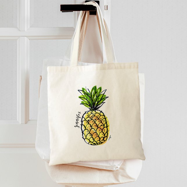Personlig för vattenfärg ananas tygkasse (Watercolor Pineapple Personalized Tote Bag)