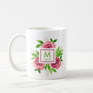 Personlig för vattenfärg Rosa ros Monogrammed Kaffemugg