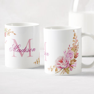 Personlig för vattenfärgen Blommigt Monogram Kaffemugg