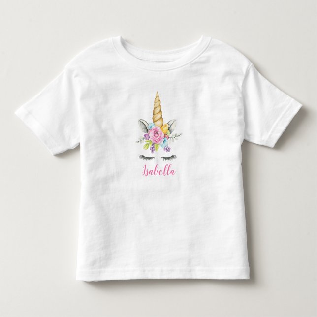 Personlig för vattenfärgen Blommigt Unicorn Birthd T-shirt (Framsida)