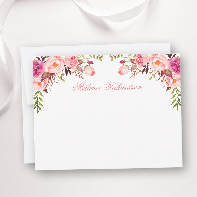 Personlig för vattenfärgsRosa  Blommigt Anteckningskort (Customize to change text size, color, style or to add more text to front or back of card.)