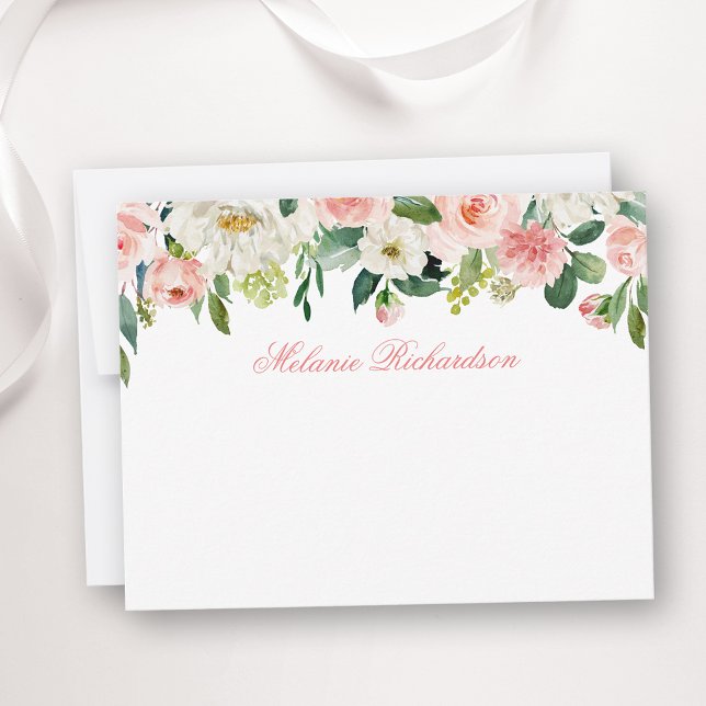 Personlig för vattenfärgsvit Blommigt Rosa Anteckningskort (Customize to change text size, color, style or to add more text to front or back of card.)