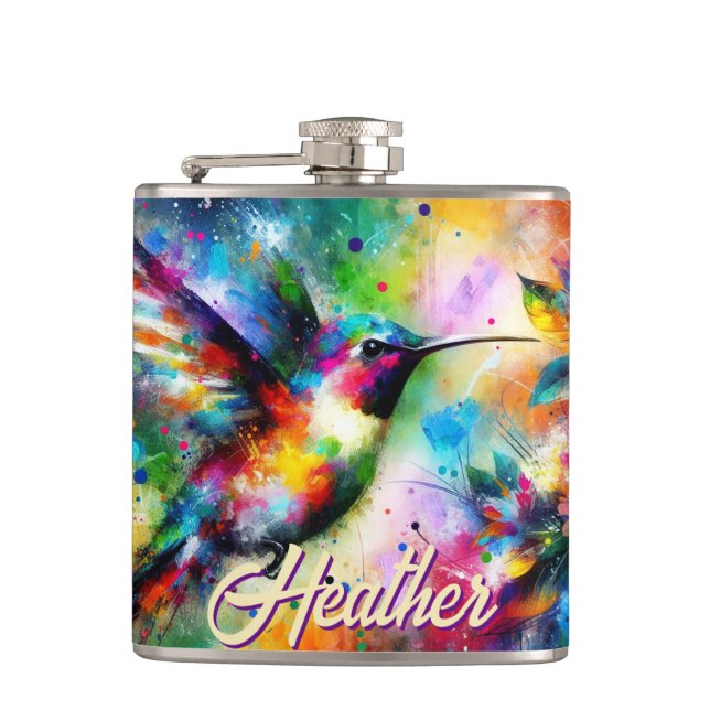 Personlig för vimmelfärgad hummingbird-fågel fickplunta (Framsidan)