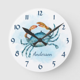 Personlig för Watercolor Blue Crab Beach Coastal Rund Klocka