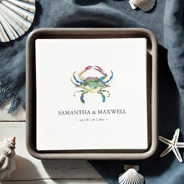 Personlig för Watercolor Blue Crab Beach Wedding Pappersservett (beach wedding personalized napkins feature watercolor blue crab art by Victoria Grigaliunas)