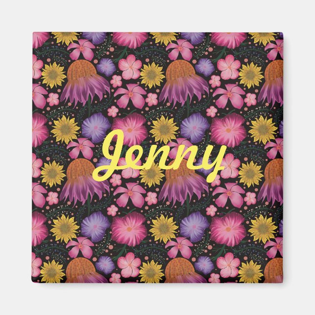 Personlig för Wildblomsvart Blommigt Magnet (Framsidan)