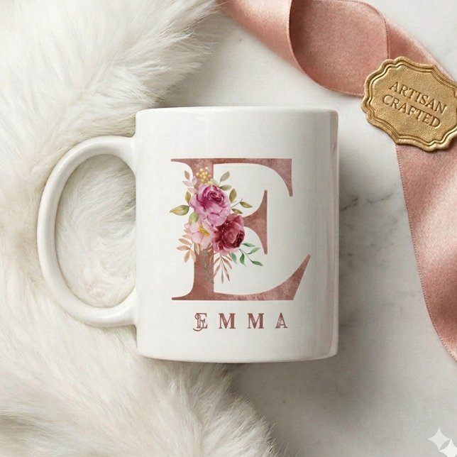 Personlig Förgylld Blommig Bokstav E Monogram Kaffemugg (Skapare uppladdad)
