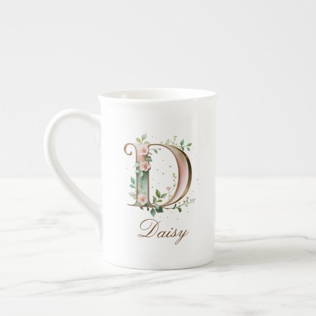 Personlig förgylld blommig monogram initial D Benporslin Mugg (Vänster)