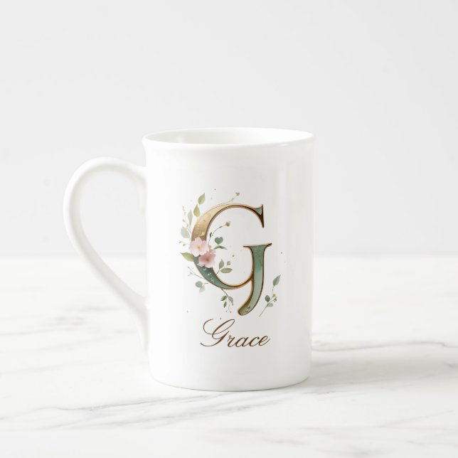 Personlig förgylld blommig monogram initial G Benporslin Mugg (Vänster)