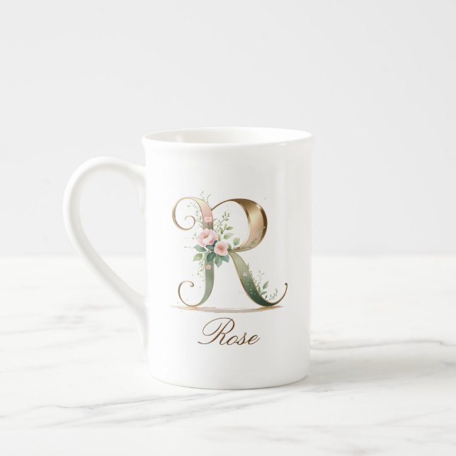 Personlig förgylld blomsterinitial R Benporslin Mugg (Vänster)