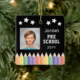 Personlig förskolefärgrik fotominne julgransprydnad keramik