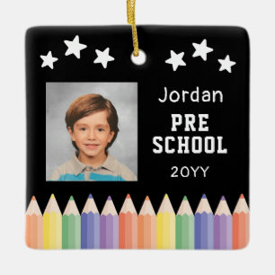 Personlig förskolefärgrik fotominne julgransprydnad keramik