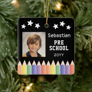 Personlig förskolefärgrik fotominne julgransprydnad keramik