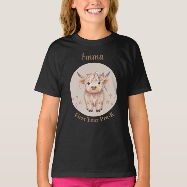 Personlig Första Året Förskola Söt Highland Ko T Shirt (Framsida)