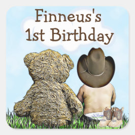 Personlig Första födelsedag Cowboy och Nalle Fyrkantigt Klistermärke