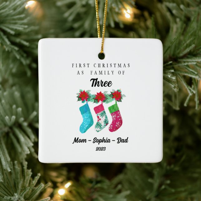 Personlig Första jul som familj tre Julgransprydnad Keramik (Träd)