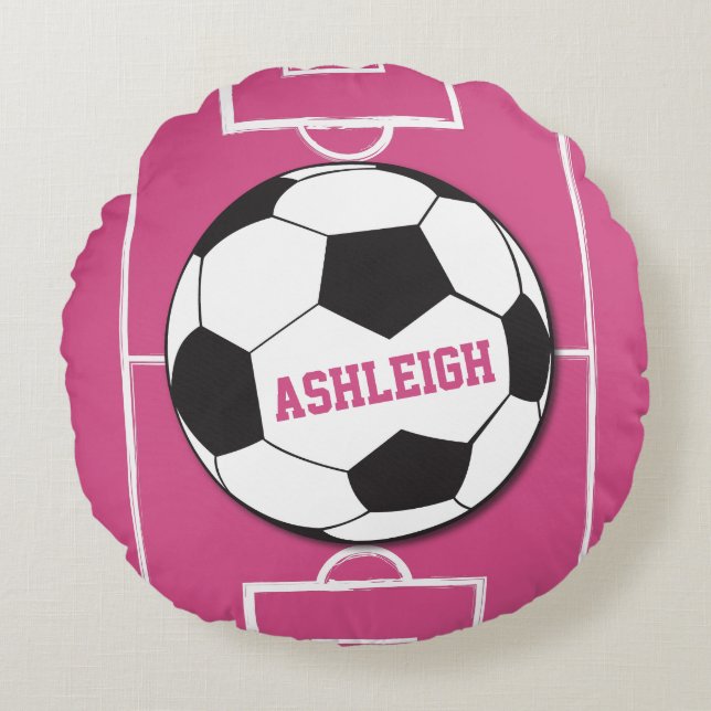 Personlig Fotboll och Fält Rosa Rund Kudde (Framsidan)