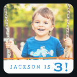 Personlig Foto Birthday Stickers / Orange Blue Fyrkantigt Klistermärke<br><div class="desc">De här fotoklistermärkena är perfekter för en njuds födelsedag! Använda dem för etiketter,  kuvertförseglingar,  kakor med mera! Text färg kan anpassas till vilket färg som helst. Byt ut mallfotot före köp.</div>