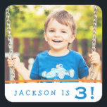 Personlig Foto Birthday Stickers / Orange Blue Fyrkantigt Klistermärke<br><div class="desc">De här fotoklistermärkena är perfekter för en njuds födelsedag! Använda dem för etiketter,  kuvertförseglingar,  kakor med mera! Text färg kan anpassas till vilket färg som helst. Byt ut mallfotot före köp.</div>