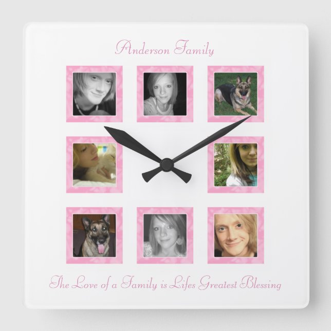 Personlig Foto Collage Wall Clock: Rosa Fyrkantig Klocka (Framsida)