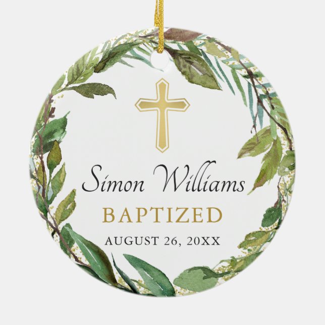 Personlig Foto Guld Greenery Wandebesvär Baptism Julgransprydnad Keramik (Baksidan)