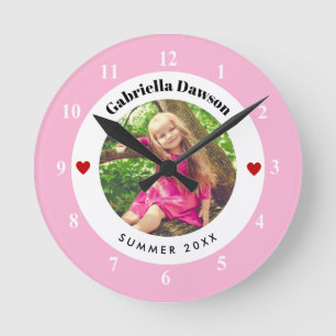 Personlig Foto i Baby Rosa Vit cirkel Hjärtat Rund Klocka