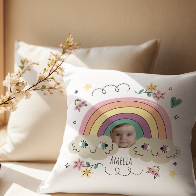 Personlig Foto & Namn Regnbåge Baby  Kudde (Skapare uppladdad)